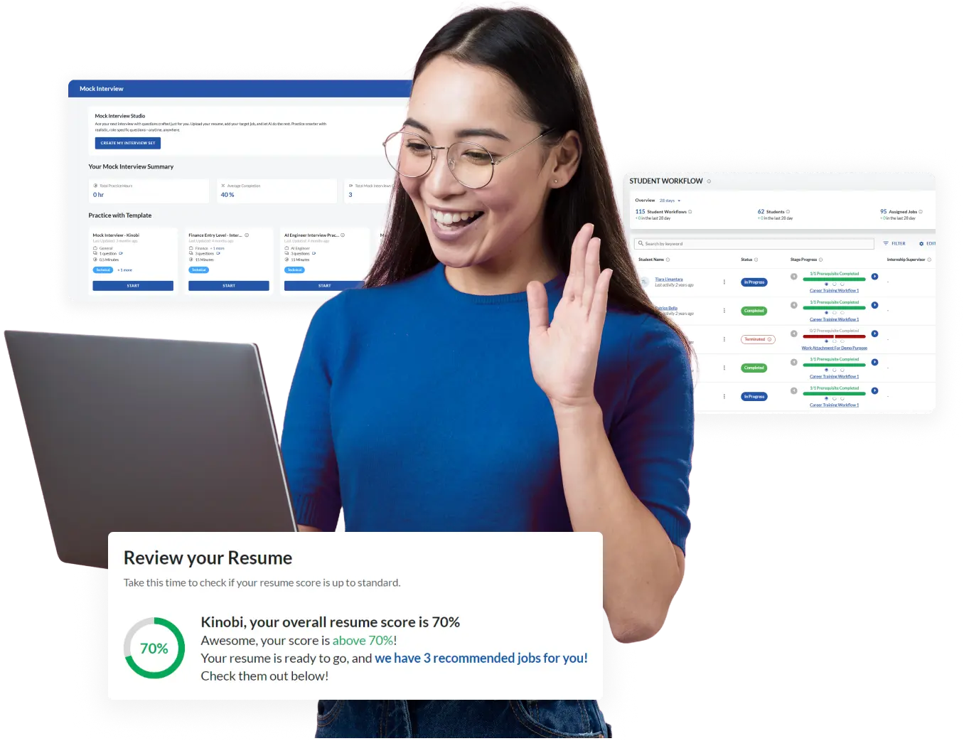 Kinobi AI Mobile Homepage Image. A woman waving her hand showcasing the feature of Kinobi AI